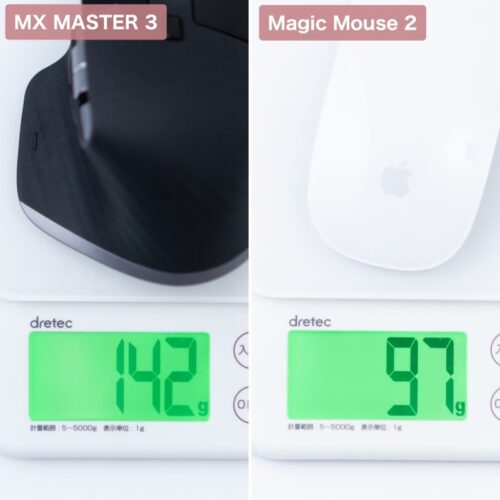 Magic MouseとMX Master 3 for Macの重量比較画像