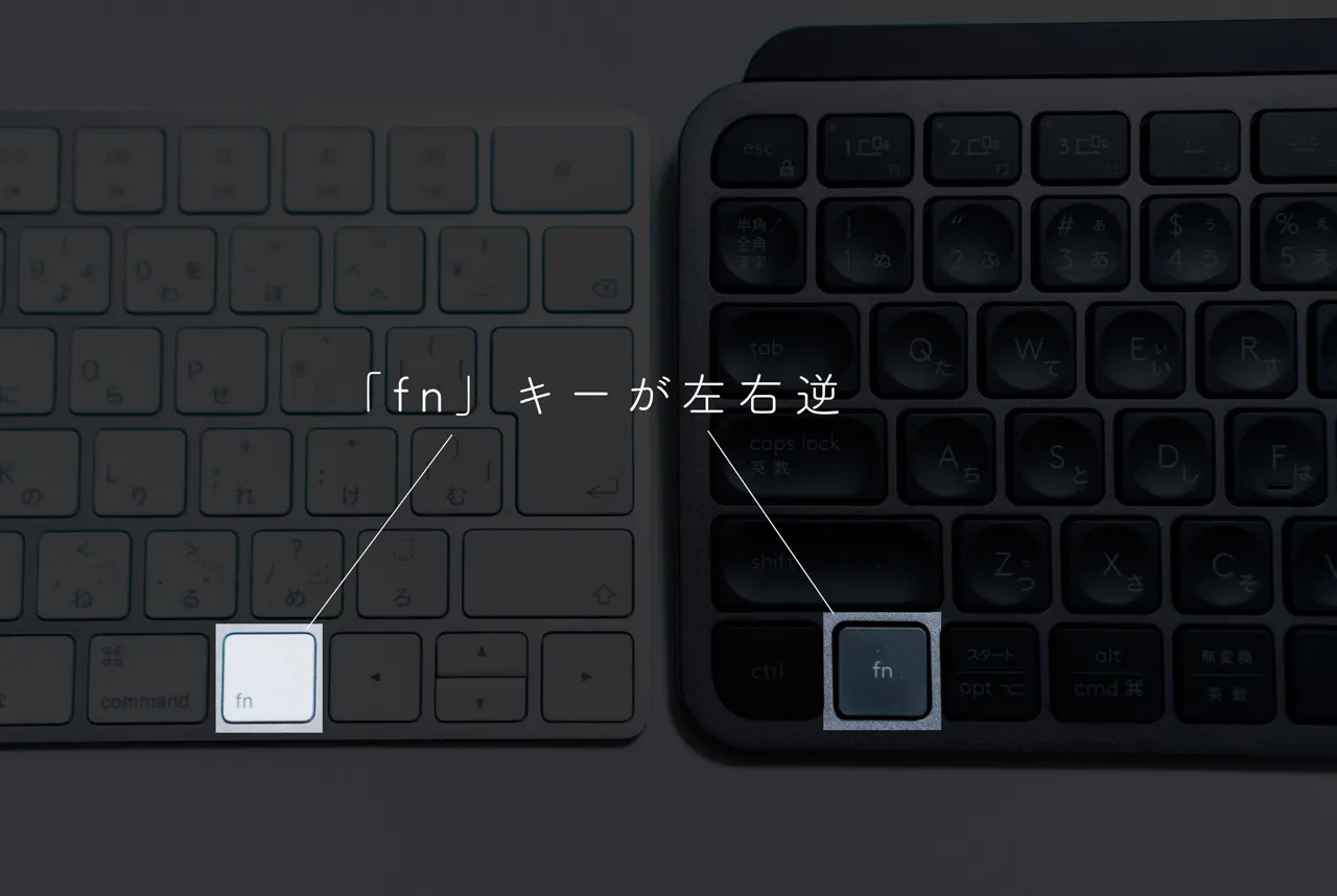 MX Keys MiniとApple Magic Keyboardの「fn」キーの位置が左右逆