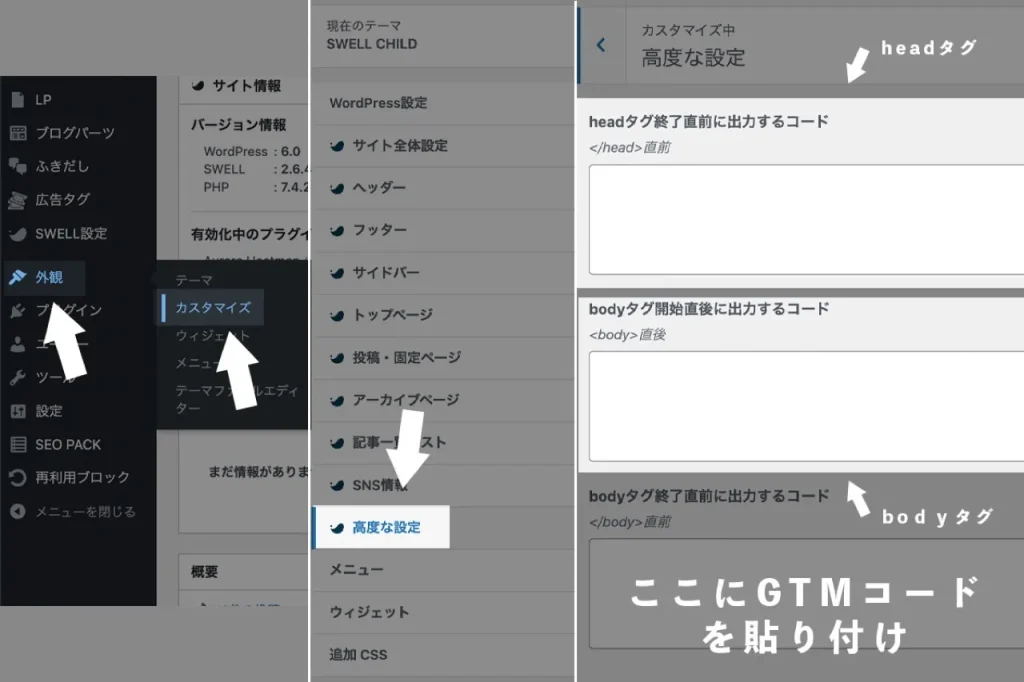 SWELLでGTMコードを貼り付ける場所の説明画像