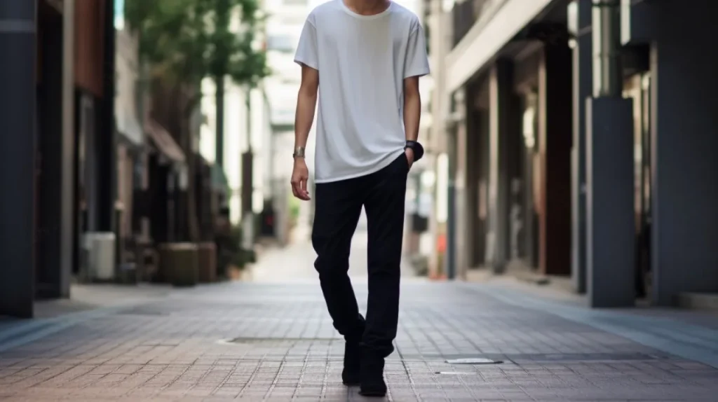 白いTシャツと黒いスキニーパンツのコーディネート画像